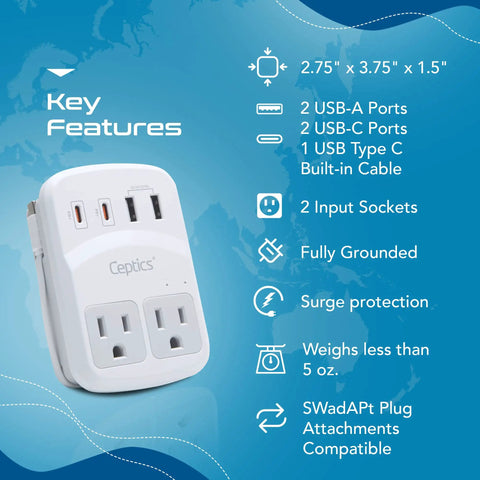 World Travel Adapter Kit With 2 US Outlets 2 USB A Quick Charge 3.0 2 USB C 20W Power Delivery Surge Protection SWADAPT shown with features