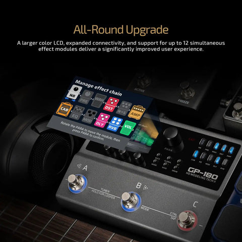 GP-180 Multi-Effects Guitar Processor with HD Modeling, digital interface showing effect chain management on screen.