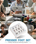 Collage showing sewers with sewing machines and a central box of Qeykizy 11‑pc presser foot kit for low‑shank machines (rolled hem, zipper feet).