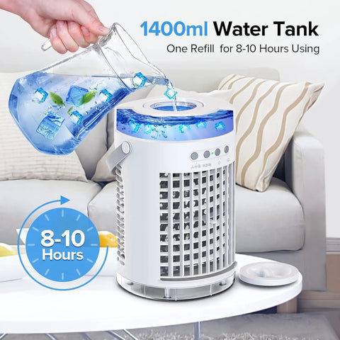 Three In One Portable Evaporative Air Cooler With 1400ml Water Tank Three Speeds Three Wind Modes Seven Color LED Lights Timer Small Personal Air Conditioner White in home