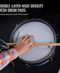 Person playing eighth-inch pad on Ace-360 Electric Drum Set With Eight Inch Pads, Three Twelve Inch Cymbals With Choke