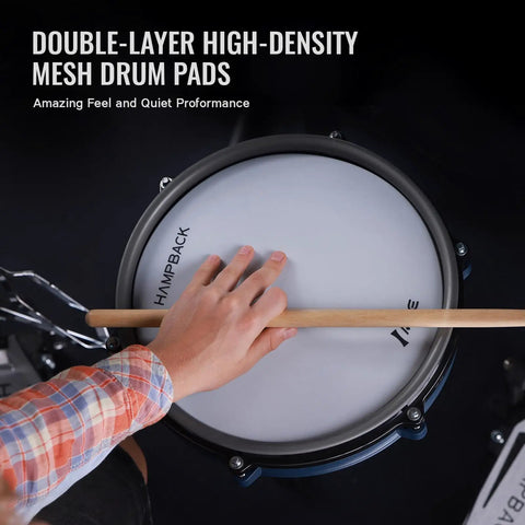 Person playing eighth-inch pad on Ace-360 Electric Drum Set With Eight Inch Pads, Three Twelve Inch Cymbals With Choke