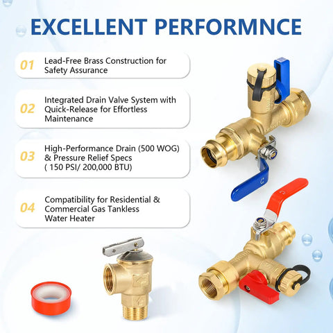 Heavy Duty 3/4 Inch Tankless Water Heater Valve Kit With Pressure Relief Valve And Full Port Ball Valves For Gas Plumbing Lead Free Brass No Sweat Setup Real Deal Performance 20 Pack brass valves with quick-release drain system.