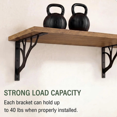 2 Pack 8 Inch Decorative Black Shelf Brackets Heavy Duty Wall Mount L Shaped Floating Shelves With Hardware For DIY Kitchen Shelving And Wall Decor With All Mounting Hardware Included For Easy Hassle Free Installs., black iron shelf brackets supporting a wood shelf with kettlebells