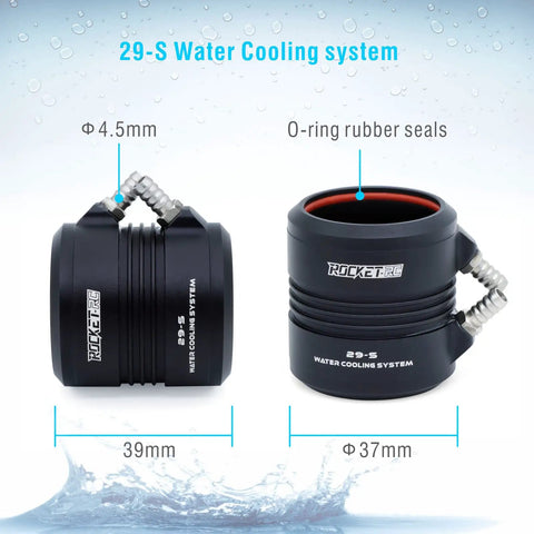 Close-up of RC motor 29-S water cooling system with measurements, compatible with 2948 4800KV Brushless RC Boat Motor.