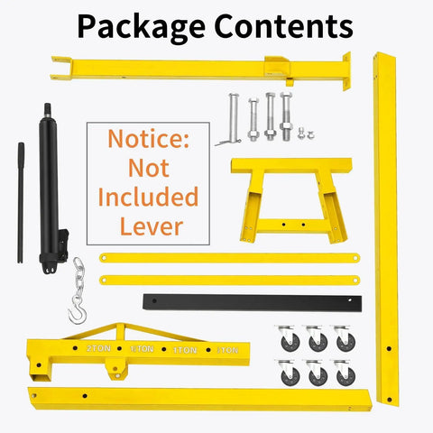 Heavy Duty Foldable Engine Hoist 2 Ton 4400 Pounds Steel Hydraulic Shop Crane package contents including hydraulic cylinder and frame.