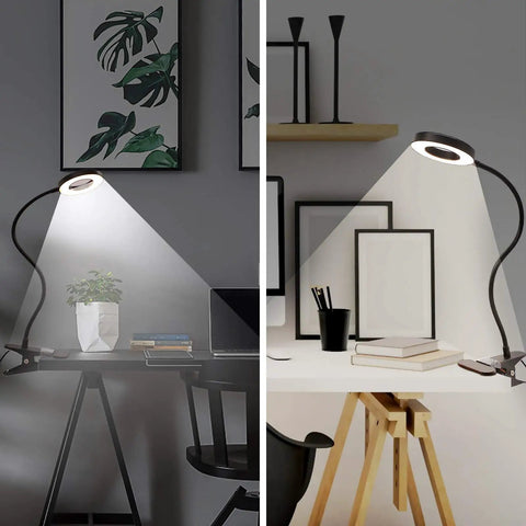 Two setups of Clip On Desk Lamp With 48 LEDs, 3 Color Temperatures And 10 Dimmable Levels Per Mode illuminating desks.