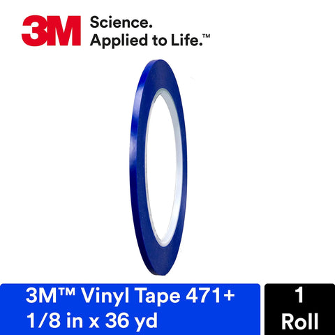 Roll of 3M Vinyl Tape 471+ in blue, 1/8 inch by 36 yards, for precise striping and color separation in auto body projects.