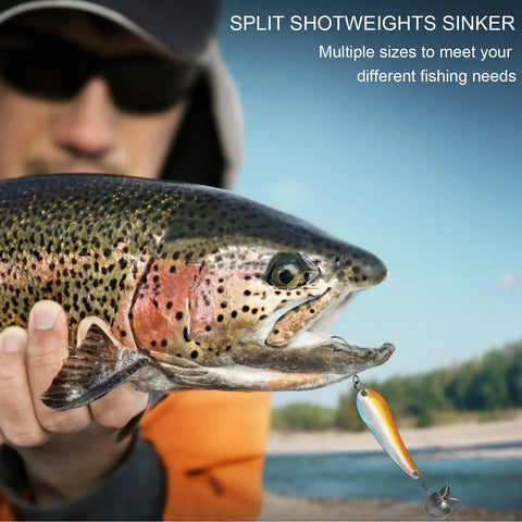 Fisherman holding a fish with a lure and 120Pcs 200Pcs Fishing Weights Sinkers Premium Split Shot Round Removable Sinkers set for freshwater.