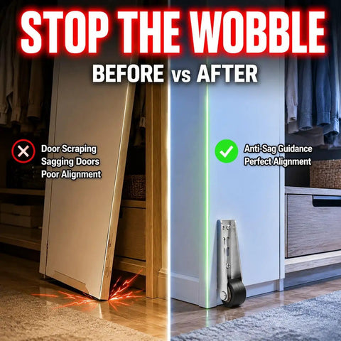 Before and after of Heavy Duty Vertical Door Rollers Fix Drooping Sliding Doors Bottom Wheel Kits, showing alignment improvement.