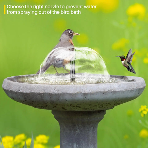 Birds using Solar Pond Fountain Pump 5.5W With Double Layer Nozzles Dry Run Protection in a bird bath, surrounded by greenery.