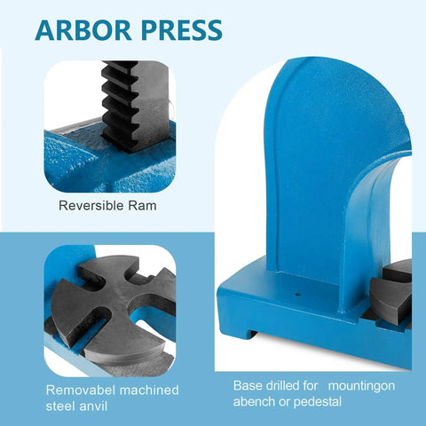 Close-up of Rock Solid Heavy Duty 3 Ton Manual Arbor Press Built Like A Tank showing reversible ram and steel anvil details.