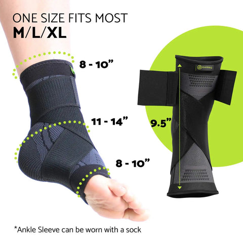 360 Degree Ankle Brace With Adjustable Straps For Men And Women One Size Fits Most, shown on foot and flat view, black color.