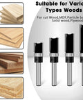 4 Piece Flush Trim Router Bit Set With One Quarter Inch Shank Carbide Tipped Straight Cut Pattern Bits With wood examples.