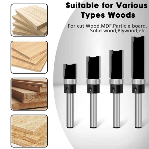 4 Piece Flush Trim Router Bit Set With One Quarter Inch Shank Carbide Tipped Straight Cut Pattern Bits With wood examples.