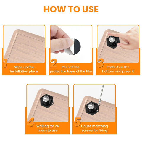 Installation steps for 8 Pack Ball Bearing Rollers With 360 Degree Rotation Universal Ball Casters showing adhesive and screw methods.