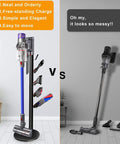 Sturdy Floor Storage Stand With Five Hooks For V Series Cordless Vacuum Cleaners Boss Level Docking Station Organizer Bracket Keeps V15 Detect V11 V10 V8 V7 V6 Neatly Parked In Black vs unorganized vacuum parts on floor.