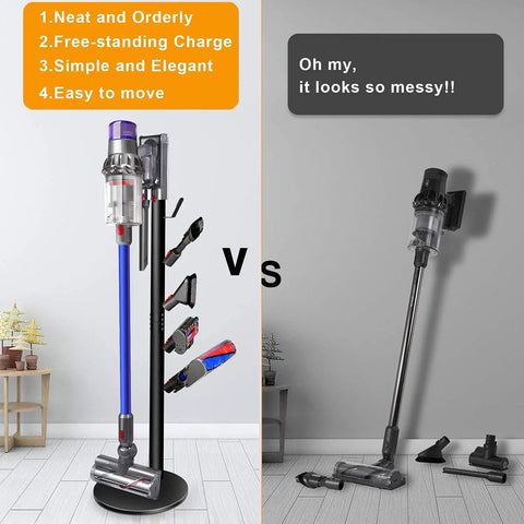 Sturdy Floor Storage Stand With Five Hooks For V Series Cordless Vacuum Cleaners Boss Level Docking Station Organizer Bracket Keeps V15 Detect V11 V10 V8 V7 V6 Neatly Parked In Black vs unorganized vacuum parts on floor.