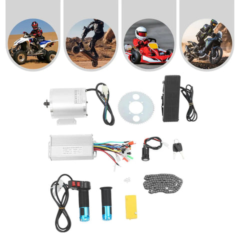 Beefy 1000W 36V Brushless DC Motor Kit With Sprocket Controller Foot Pedal Throttle And T8F Chain components displayed
