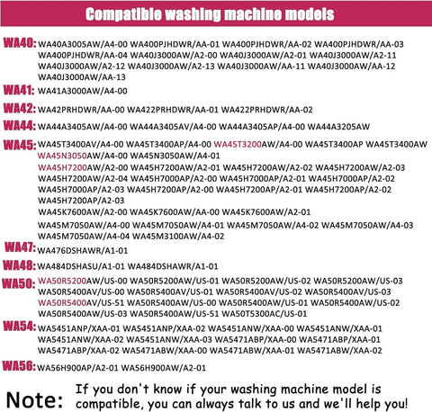 Compatible washing machine models chart for Upgrade OEM Suspension Rods DC97 16350U And DC97 16350T For Washing Machines Boost Durability, Quiet Operation, And Fitment Across WA50R5200AW US WA50R5200AV A4 WA45T3400AV A4 WA45T3400AP A4 WA45N3050AW A4 WA45T3200AW A4 WA50R5400AW