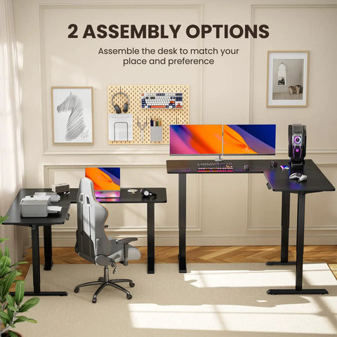 Home office showcasing L Shaped Standing Desk 63 By 55 Inches Electric Sit Stand Table With Adjustable Height in black setup