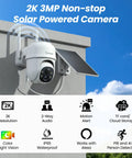 2K Wireless Outdoor Security Camera System with Solar Panel and Battery Power mounted with 360 Degree Pan, AI Human Detection, Color Night Vision.