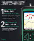 Pro Grade Vibration Analyzer VM 428 With External Sensor And PC Software For Motors Pumps Turbines And Machinery Five Parameter Diagnostics ISO Rating 0.1 To 300 Meters Per Second Squared Acceleration 1 To 850 Millimeters Per Second Velocity 30 Hz To 14 in handheld display