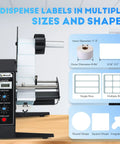 Automatic Label Dispenser For Adhesive Sticker Rolls showing adjustable settings and capabilities for various label sizes and shapes.