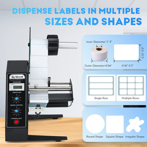 Automatic Label Dispenser For Adhesive Sticker Rolls showing adjustable settings and capabilities for various label sizes and shapes.