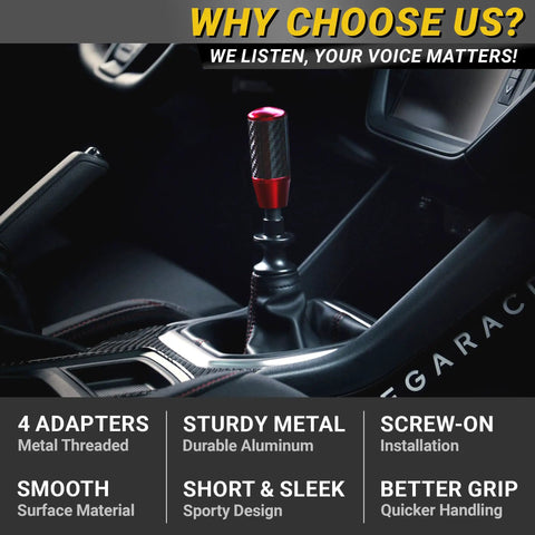 Hot Red Carbon Fiber Shift Knob with Weighted Feel and 4 Metal Threaded Adapters installed in car interior