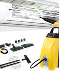 Upgraded 3000W Handheld Steam Cleaner Heats To 110°C In Seconds For Deep Multi Surface Cleaning, featuring attachments and steam in use.