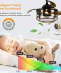 36 Inch Farmhouse Ceiling Fan With Lights, Dope Retractable Cage Blades in black, quiet reversible DC motor, shown in a bedroom.