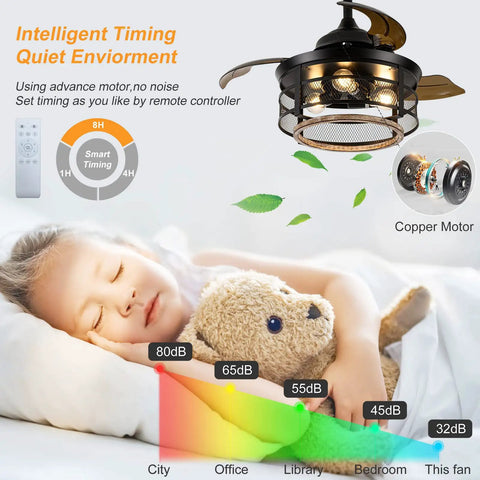 36 Inch Farmhouse Ceiling Fan With Lights, Dope Retractable Cage Blades in black, quiet reversible DC motor, shown in a bedroom.