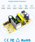 Diagram of Go-To 24V DC Power Supply 1A 24W AC Adapter with safety protections, circuit board showing components and certifications.