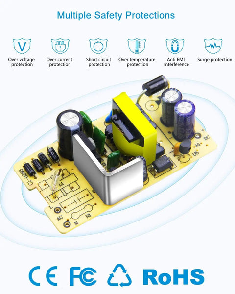 Diagram of Go-To 24V DC Power Supply 1A 24W AC Adapter with safety protections, circuit board showing components and certifications.