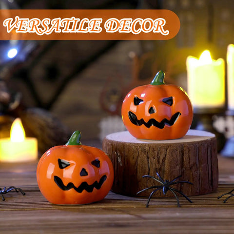 Top Notch Halloween Bathroom Glow Up Dope Ghost Pumpkin Toilet Seat Bolt Cover Cap Set Two Piece Household Refresh For Housewarming Presents And Festive Decor That Brings Serious Spooky Vibes Year Round, featuring orange ceramic pumpkins on a wooden surface.