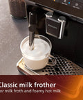 Classic milk frother of Killer Fully Automatic Espresso Machine With Slick Ceramic Grinder And One Touch Milk Frother For Silky Lattes And Bold Black Coffee Plus No Sweat Touch Panel And Smart Aqua Filter In Sleek Black Design with hot milk in glass.