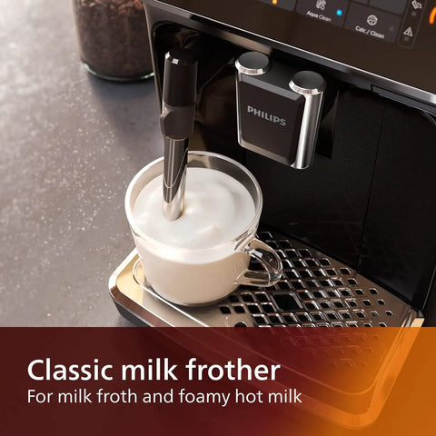 Classic milk frother of Killer Fully Automatic Espresso Machine With Slick Ceramic Grinder And One Touch Milk Frother For Silky Lattes And Bold Black Coffee Plus No Sweat Touch Panel And Smart Aqua Filter In Sleek Black Design with hot milk in glass.