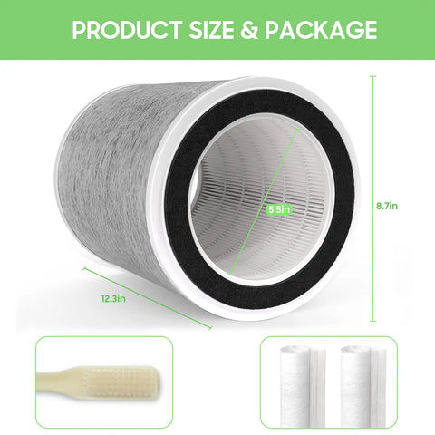 Premium 3-In-1 H13 Replacement Filter For HP201 HP202 Air Purifier HC502 Series With Dual Pre-Filters, size dimensions shown.