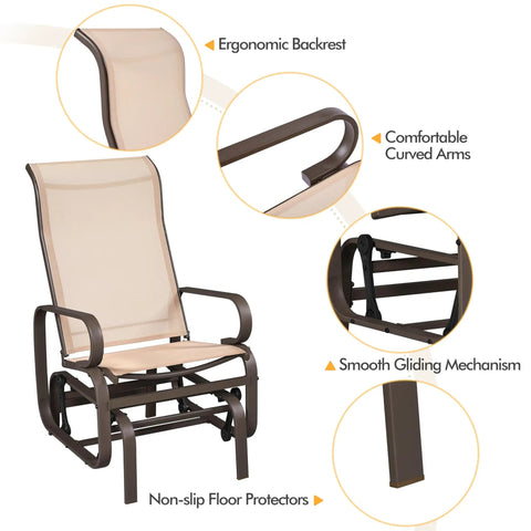 Outdoor Glider Chair Set Beige Sling Rocking Chairs With Steel Frame Weather Resistant Patio Gliders For Porch, detailed features