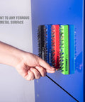36 Piece Magnetic Hex Bit Holder Set 4 Pack With Mounting Bases For Metal Surfaces, color-coded trays on blue metal surface