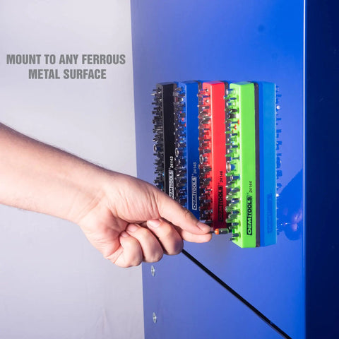 36 Piece Magnetic Hex Bit Holder Set 4 Pack With Mounting Bases For Metal Surfaces, color-coded trays on blue metal surface