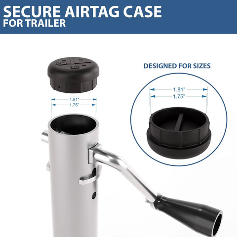 Heavy Duty Discreet Apple AirTag Trailer Jack Mount showing a waterproof black case for sizes 1.75 to 1.81 inches.