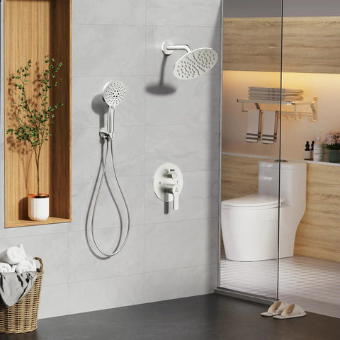 8 Inch Brushed Nickel Shower Faucet Trim Kit With Air Blended Pressure Rain Head And Handheld Sprayer Solid Brass Rough In Valve Dual Function Bathroom System No Fuss Setup Big Time Flow