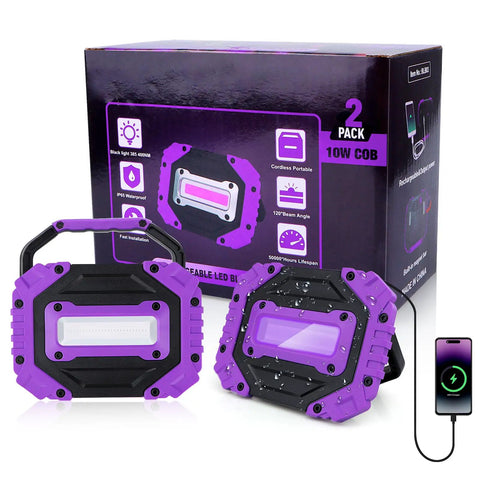 Two Pack Rechargeable Black Light 395nm Ultraviolet Flood Light Cordless 5000mAh Magnetic Portable LED Party Ready Glow