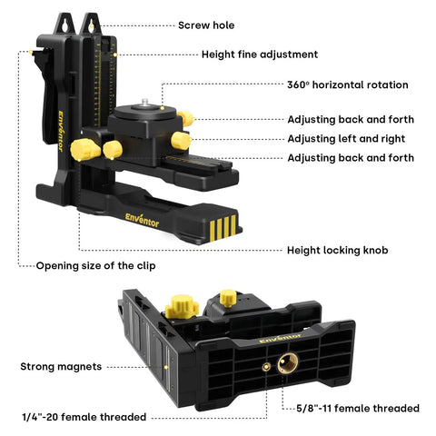 Diagram of a Fine Tuning Laser Level Bracket with quarter inch 20 threaded L shape magnetic pivot base adjustable clip for wall or ceiling mount.