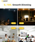 Diagram showing Six Pack 4 Inch Led Recessed Light Kit Dimmable 3000K 5000K 3CCT 750LM 9W 120V in various room settings.
