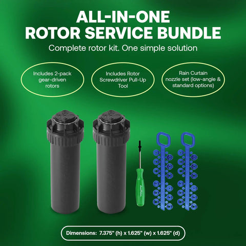 5000 Rotor With Nozzle Tree Two Pack And CPRTOOL All In One Bundle displayed with screwdrivers and Rain Curtain nozzles