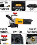 Powerful Five Inch Wet Polisher Kit For Concrete Countertops And Stone Surfaces with variable speed control, GFCI, and brass connector.