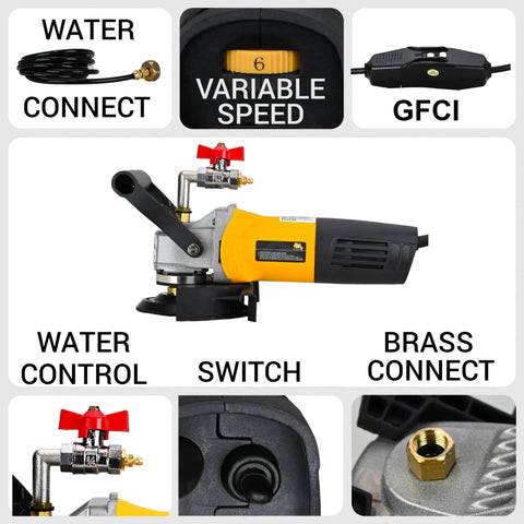 Powerful Five Inch Wet Polisher Kit For Concrete Countertops And Stone Surfaces with variable speed control, GFCI, and brass connector.